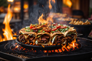 shawarma with fire flame , lamb on a spit. street food. Doner Kebab on a rotating spit. A street food of Turkey