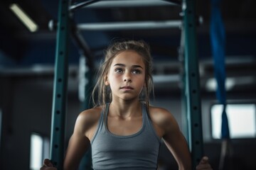 Fototapeta na wymiar Portrait of a concentrated kid female practicing pull ups in a gym. With generative AI technology