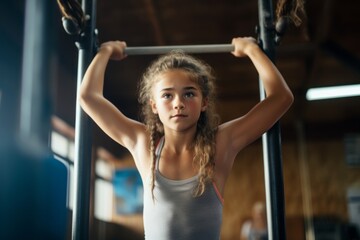 Portrait of a concentrated kid female practicing pull ups in a gym. With generative AI technology - obrazy, fototapety, plakaty