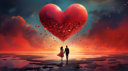 Graphic concept of love in the form of a big heart in space and a young couple holding hands walking away into the distance. AI generated