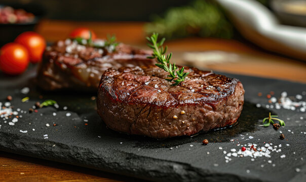 A food photo of a tasty steak on a stone , salt , spicy
