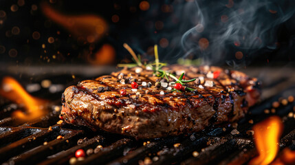 A juicy steak sizzling on a grill.