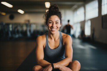 Portrait of an active girl in her 30s doing sit ups in a gym. With generative AI technology
