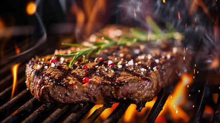 A juicy steak sizzling on a grill.
