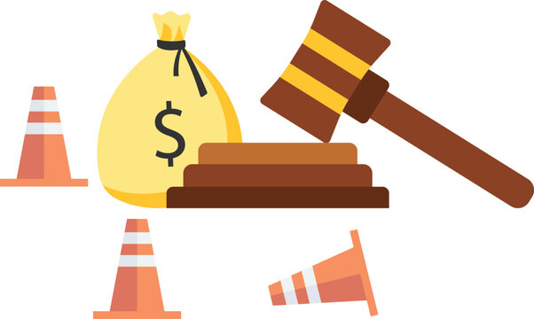 Workers compensation, insurance providing wages replacement, Employee injured benefit, Legal or law to compensate payment, Justice gavel with dollar money, Symbol and accident pylons

