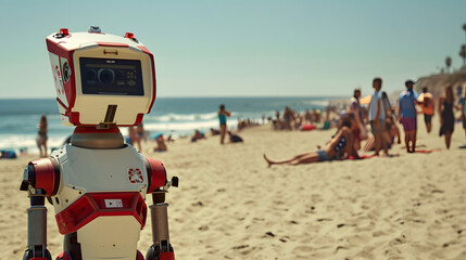 A robot acting as a lifeguard at a busy beach enhancing safety and emergency response. - obrazy, fototapety, plakaty