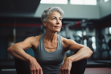 Fototapeta premium Portrait of a concentrated mature woman doing sit ups in a gym. With generative AI technology