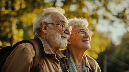 Happy senior couple at autumn park on sunny day