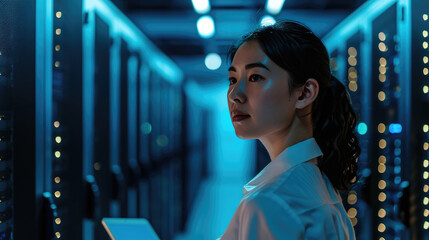 Focused IT professional using a laptop while standing in a server room with racks of network equipment illuminated by blue lights