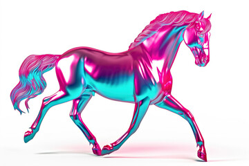 A pink and blue horse running on a white surface.