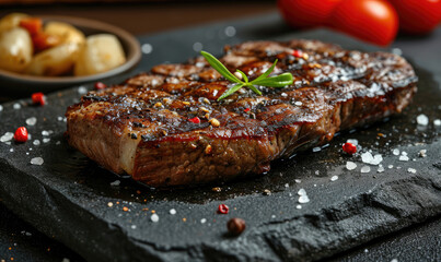 A food photo of a tasty steak on a stone , salt , spicy , hq , macro photo