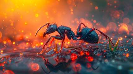 Macro shot of an ant, in bright colors with water drops, extreme close-up