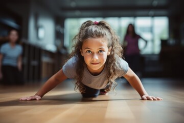 Portrait of a focused kid female doing push ups in an empty room. With generative AI technology - obrazy, fototapety, plakaty