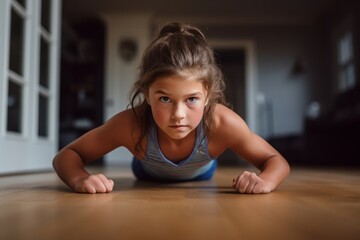 Fototapeta na wymiar Portrait of a focused kid female doing push ups in an empty room. With generative AI technology