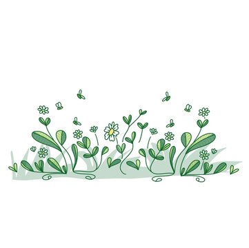Plants with leaves, doodle illustration. Spring floral background , nature 