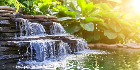 Modern outdoor home water feature fountain waterfall as wide banner with copy space area for garden landscape design concepts.