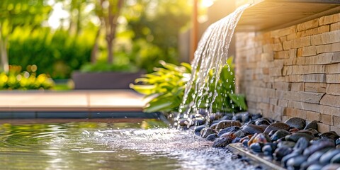 Modern outdoor home water feature fountain waterfall as wide banner with copy space area for garden landscape design concepts. - obrazy, fototapety, plakaty