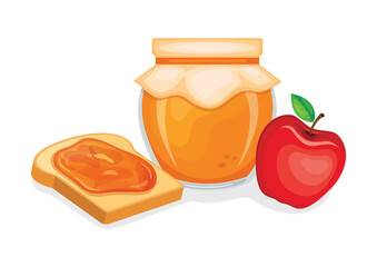 Toasted bread with apple jam vector illustration. Toast and apple jam breakfast still life vector. Jam jar with apples and slice of bread icon isolated on a white background