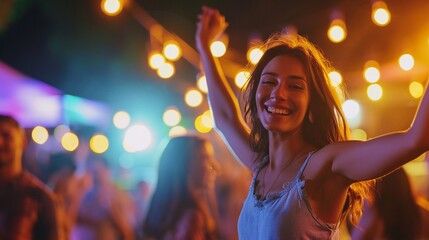 Happy young woman dancing among a group of young people in night club, shiny blurred background, copy space.