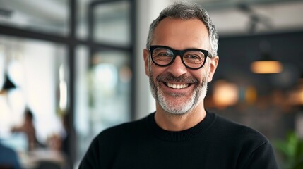 Mid aged man professional confidently standing in office background and smiling to the camera,black framed eyeglasses and black pull over sweater, copy space.