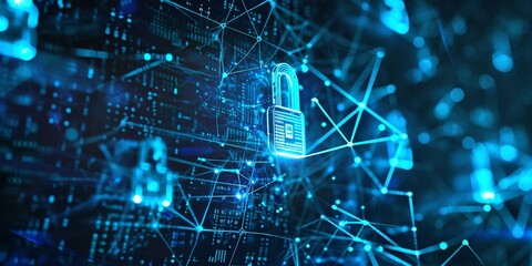 Obraz premium Laptop with virtual padlock, concept of data privacy, network security, privacy protection.