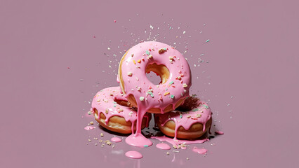 Pink glazed doughnuts against pastel purple background. Original candy decoration. Minimal donuts concept. Creative layout. Valentine's or Woman's day gift idea.