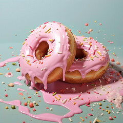 Pink glazed doughnuts against pastel mint green background. Original candy decoration. Minimal donuts concept. Creative layout. Valentine's or Woman's day gift idea.