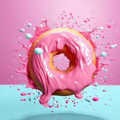 Levitate pink glazed doughnut against pastel blue and pink background. Original candy decoration. Minimal donuts concept. Creative layout. Valentine's or Woman's day gift idea.