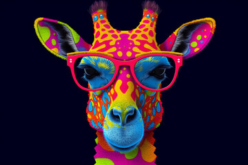 Fototapeta premium Fashionable giraffe with glasses on black background. 3d illustration.