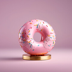 Pink glazed doughnut on gold podium against pink background. Original candy decoration. Minimal donuts concept. Creative layout. Valentine's or Woman's day gift idea.