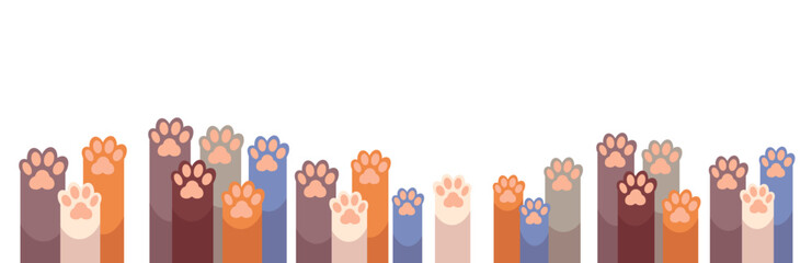 Row of different cat cartoon paws raised up on isolated background. Horizontal banner for pet store in flat design
