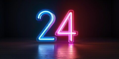 3d render, number twenty four glowing in the dark, pink blue neon light, concept of 24 birthday.