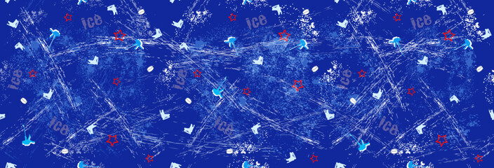 Ultra blue horizontal hockey banner. Ice texture, skates, stars, hockey players and pucks. Sports background.