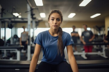 Portrait of a determined girl in her 30s practicing weight bench in a gym. With generative AI technology