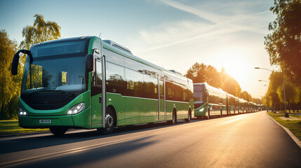Green bus on the road at sunset in the city. Transportation concept
