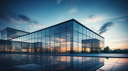 Obraz premium Modern office building with glass facade at sunset. 3d render.