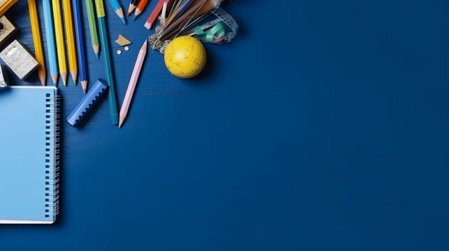 School supplies on a blue background. Back to school concept. Copy space.