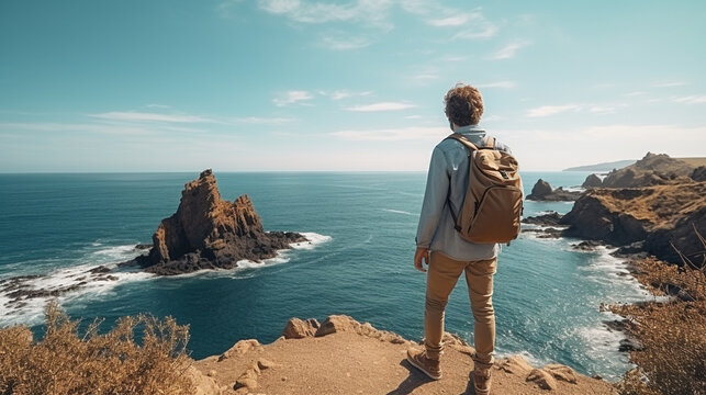 Man with backpack standing on the edge of a cliff and looking at the sea