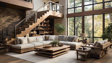 Explore a contemporary farmhouse living room adorned with a wooden staircase, providing a visual anchor to the space. 