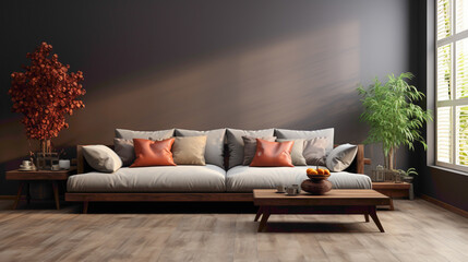 Explore a contemporary interior with a focus on a plush dark brown sofa against a sleek, solid mockup wall.