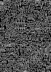 A black and white hand-drawn drawing of residential buildings located close to each other . Seamless pattern.