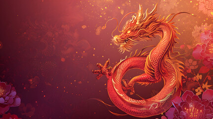 Obraz premium Year of the Dragon. Chinese New Year 2024 Red Dragon and Flowers Illustration with Text Space