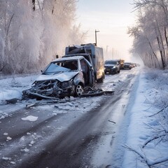 Car accident on the road in winter. The car was damaged.