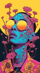 In a graphic rock-inspired creation, you are different to everyone. Mirror glasses, dream landscape, psychedelic flowers, 60s vibes converge in a surreal, vibrant, and dreamlike composition.