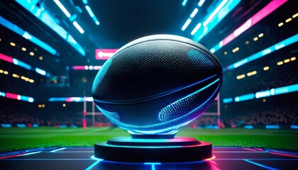 Futuristic rugby ball with neon lights in a digital arena.