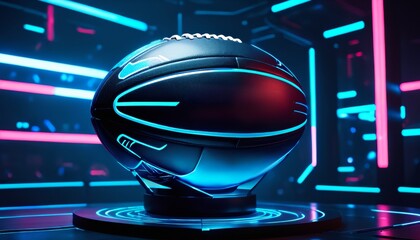 Futuristic rugby ball with neon lights in a digital arena.