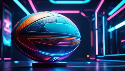 Futuristic rugby ball with neon lights in a digital arena.