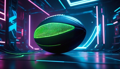 Futuristic rugby ball with neon lights in a digital arena.
