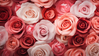 Background of pink roses, top view