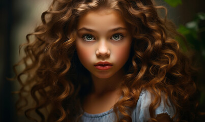 Fototapeta premium Portrait of a young girl with deep blue eyes and voluminous curly hair, emanating innocence and beauty in a mystical, soft-focus ambiance